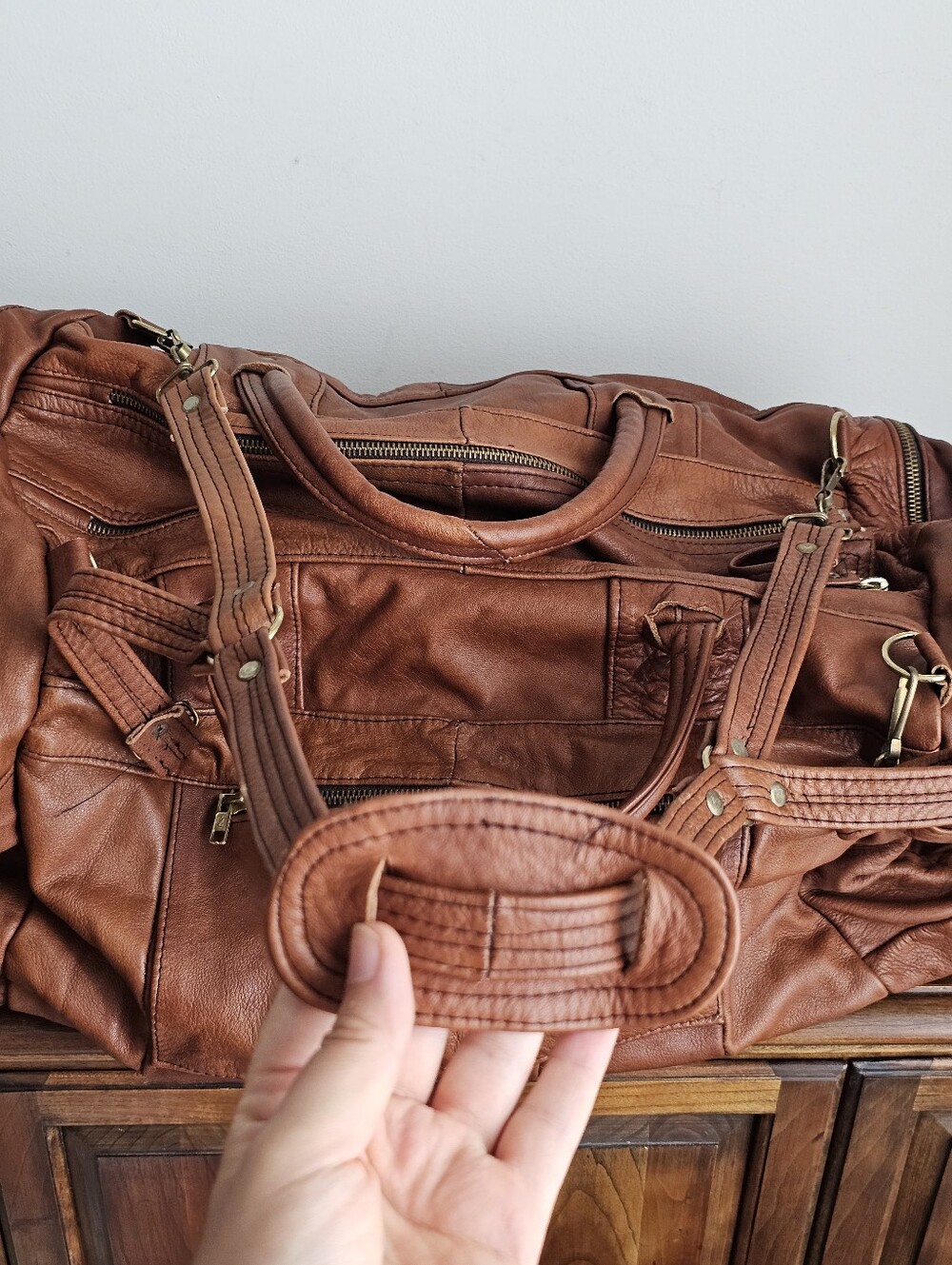 Vintage Genuine Leather Patchwork Weekender Duffel Travel Bag Cognac Brown Large - Picture 7 of 15